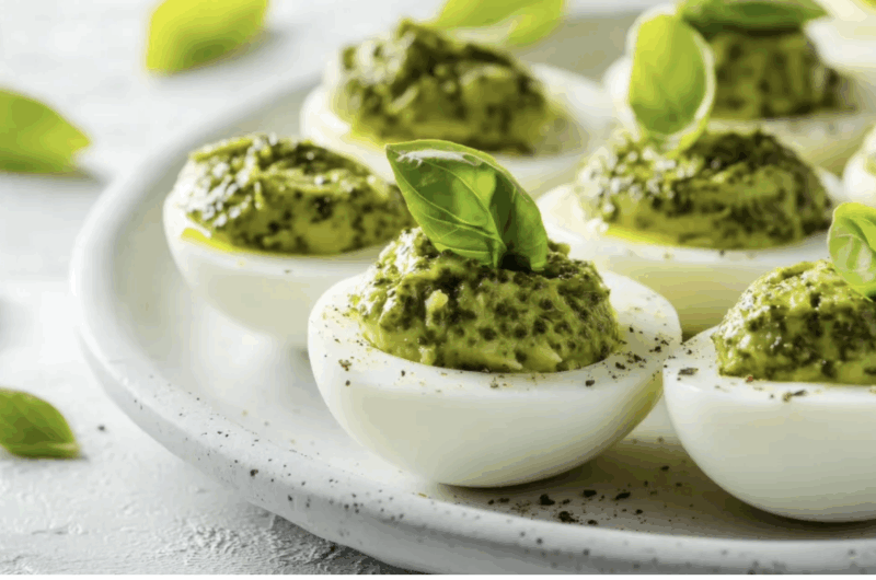 Pesto Egg Salad on Carrot Slaw and Cucumber Slices